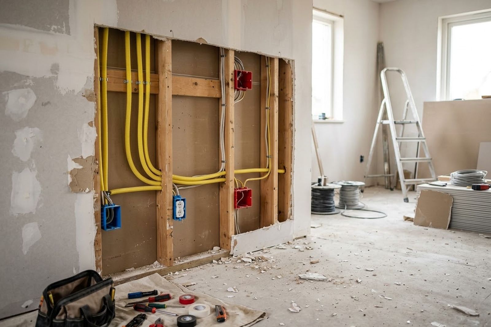 Elektrosanierung – offene Wand mit neuen Leitungen